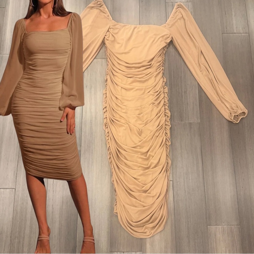 Elegant Tan Ruched Bodycon Midi Dress | Small Long Sleeve Fitted